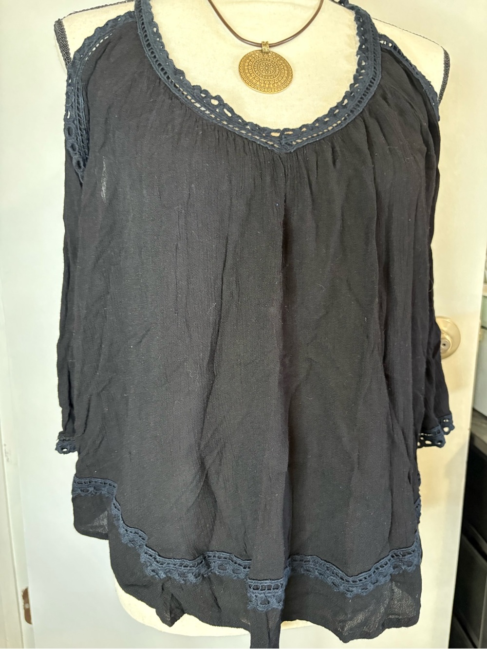 Black Crochet-Trim Cold-Shoulder Top